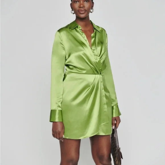 Moira Dress Lily Silk Dress Reformation Dresses Nwt Reformation Silk  Avocado Green Long Sleeve Short Mini Dress Alaine Poshmark